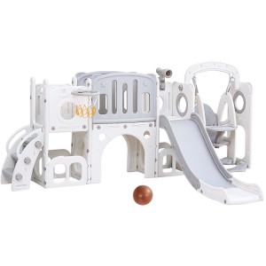 Keezi 4-in-1 Kids Slide Swing Set with Basketball Hoop, Football, Telescope, HDPE, 132cm, Grey Outdoor Playset