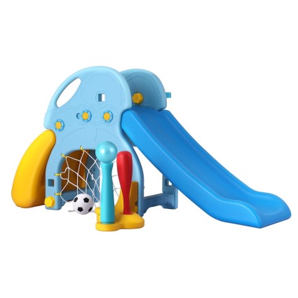 Keezi 5-in-1 Kids Slide Set with Basketball Hoop, Baseball Bat, Rock Climbing & Football Goal, 120cm, Blue/Yellow