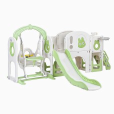 Keezi 4-in-1 Kids Slide Swing Set with Basketball Hoop, Football, Telescope, and Storage, HDPE Green/White, 140cm