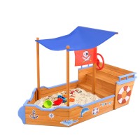 Keezi Kids Wooden Boat Sandpit with Canopy & Bench | Treated Timber, 165cm | Pirate Theme & Eco-Friendly Paint
