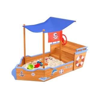 Keezi Kids Wooden Boat Sandpit with Canopy & Bench | Treated Timber, 165cm | Pirate Theme & Eco-Friendly Paint