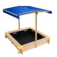 Keezi Kids Wooden Sandpit with Adjustable Canopy & Bench, 101cm Fir Wood Sandbox, UV & Water Resistant, Safe Play