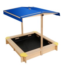 Keezi Kids Wooden Sandpit with Adjustable Canopy & Bench, 101cm Fir Wood Sandbox, UV & Water Resistant, Safe Play