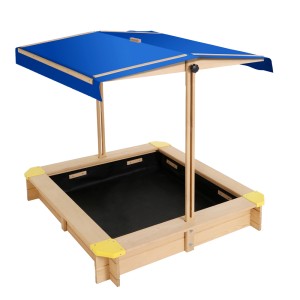 Keezi Kids Wooden Sandpit with Adjustable Canopy & Bench, 101cm Fir Wood Sandbox, UV & Water Resistant, Safe Play