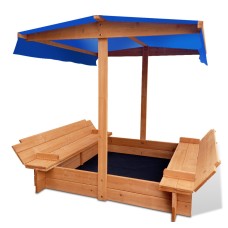 Keezi Kids Wooden Sandpit with Canopy & Foldable Seat, 120cm - Firwood, Safe Rounded Corners, Protective Cover Included