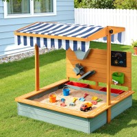 Keezi Kids 110cm Wooden Sandpit with Adjustable Canopy UV Resistant Cover Sand Funnel Sinks EN71 Certified