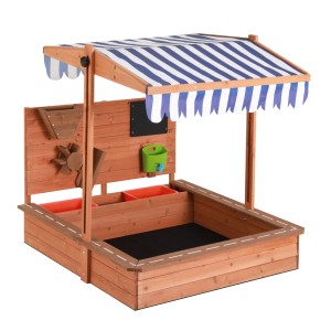 Keezi Kids Wooden Sandpit with Adjustable Canopy, UV Resistant, Solid Oak, 110cm, EN71 Certified, Ages 3-6, Outdoor Fun