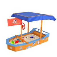 Keezi Kids Wooden Boat Sandpit with Canopy & Bench Seat, Firwood Construction, 150cm, Includes Steering Wheel & Stickers