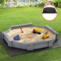 Keezi Kids 182cm Octagon Wooden Sandpit Grey with Built in Seats Cover Ground Sheet AS8124 Certified