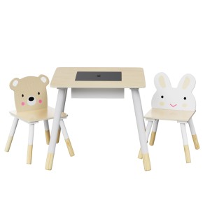 Keezi 3PCS Kids Table & Chairs Set - MDF & Pinewood, Chalkboard Desk, Hidden Storage, Cute Animal Design, Ages 3+
