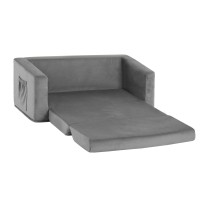 Keezi Kids Sofa 2 Seater - Grey Velvet Flip Open Couch with Timber Frame, Comfortable Sponge Padding, Compact Design