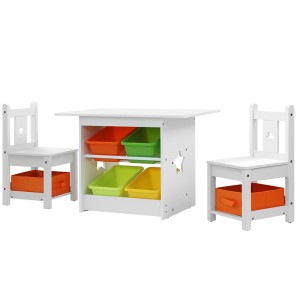 Keezi 3PCS Kids Table and Chairs Set with Storage Boxes, Eco-Friendly Particle Board, White, EN71 Certified, Ages 3+