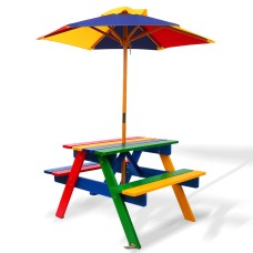 Keezi Kids Wooden Picnic Table Set with Umbrella, Multicoloured, Fir Wood, Seats 4, Indoor/Outdoor, Ages 3-8, Durable