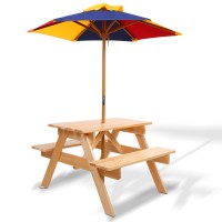 Keezi Kids Wooden Picnic Table Set with Umbrella - Fir Wood, Seats 4, Indoor/Outdoor, Non-Toxic Finish, Ages 3-8