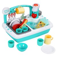 Keezi Kids Kitchen Play Set - Green Pretend Sink with Sensor, Realistic Washing & Removable Legs, 38cm x 27cm x 25cm