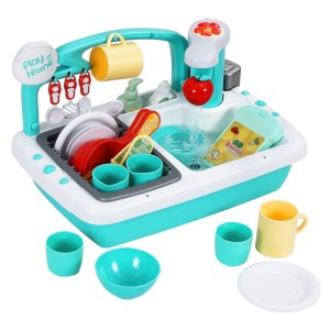 Keezi Kids Kitchen Play Set - Green Pretend Sink with Sensor, Realistic Washing & Removable Legs, 38cm x 27cm x 25cm