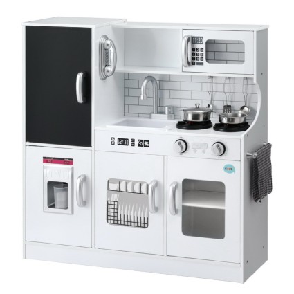 Keezi Kids Wooden Kitchen Play Set - 80CM, Solid Wood, Non-Toxic, Includes Cooking Accessories, Oven, Blackboard, White