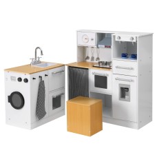 Keezi Kids 2-Piece Wooden Kitchen Playset with Coffee Maker, Realistic Sounds, Storage, Easy Assembly, Ages 3+