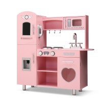 Keezi Wooden Kids Kitchen Play Set - Pink, Realistic Pretend Cooking Toys with Storage, Solid Wood & MDF, 82x29x90cm