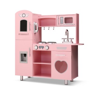 Keezi Wooden Kids Kitchen Play Set - Pink, Realistic Pretend Cooking Toys with Storage, Solid Wood & MDF, 82x29x90cm