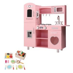 Keezi Wooden Kids Kitchen Play Set - Realistic Pretend Cooking Toys, Pink, 82x29x90cm, Child-Safe, 29-Piece Accessories