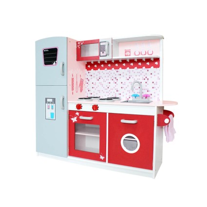 Keezi Kids Wooden Kitchen Play Set - Pretend Cooking Toys, Red/Pink, Solid Wood, 105x31x97cm, EN71 Certified, Ages 3+