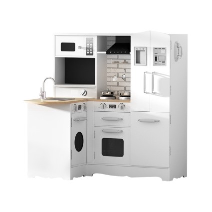 Keezi Kids Wooden Kitchen Play Set - Pretend Cooking Toys with Fridge, Oven, and Accessories, 83x85x84cm, White