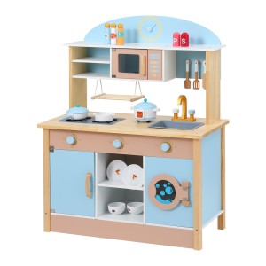 Keezi Kids Wooden Kitchen Play Set - 80CM Blue | Sturdy MDF & Solid Wood, Non-Toxic, Interactive, Includes Accessories