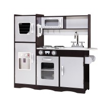 Keezi Kids Wooden Kitchen Play Set - Pretend Cooking Toys with Stove, Fridge & Storage, Dark Brown, 86x30x80cm