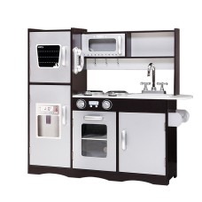 Keezi Kids Wooden Kitchen Play Set - Pretend Cooking Toys with Stove, Fridge & Storage, Dark Brown, 86x30x80cm