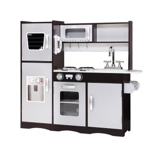 Keezi Kids Wooden Kitchen Play Set - Pretend Cooking Toys with Stove, Fridge & Storage, Dark Brown, 86x30x80cm