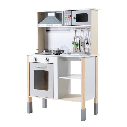 Keezi Kids Wooden Kitchen Play Set - 60x30x88cm, Black & White, Realistic Appliances, Safe & Durable, Ages 3+