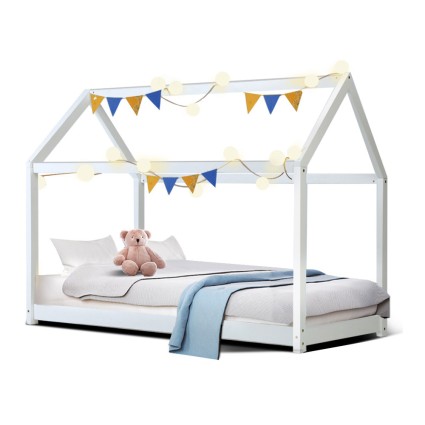 Artiss CASA White Wooden Kids House Bed Frame - Solid Pine, Eco-Friendly Paint, Fits Australian Single Mattress