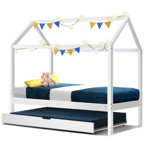 Artiss HOLY Wooden Trundle Daybed - Solid Pine House Frame, White, Fits Australian Single Mattress, Eco-Friendly Paint