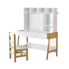 Keezi 2PCS Kids Table and Chairs Set - MDF & Pine, White, 101x45.5x123cm, Storage Drawer, Easy-Clean, Ages 3