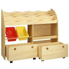Keezi 3 Tiers Kids Bookshelf Storage Organiser, MDF Frame, PP Bins, 108x29x88cm, Natural Finish, Lockable Wheels