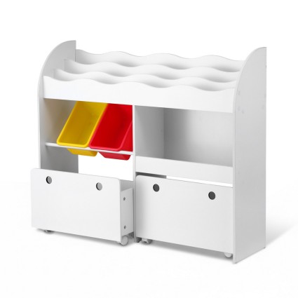 Keezi 3-Tier Kids Bookshelf & Toy Organiser, White, Durable MDF, 108cm x 29cm x 88cm, Safe Corners, Lockable Wheels