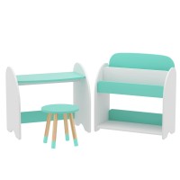 Keezi Kids Bookshelf with Table and Chair Set, MDF and Pine, 2-in-1 Bookcase Toy Storage, Child-Safe, White Green