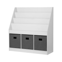 Keezi Kids Bookshelf - 4-Tier Storage with Toy Box & Magazine Rack, White/Grey, Safe Design, Easy Clean, 92x30x89cm
