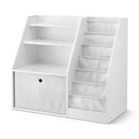 Keezi Kids Bookshelf & Storage Organiser, White – 3-in-1 Design with Sling Pouches, Shelves & Drawer, 91x39.5x80cm