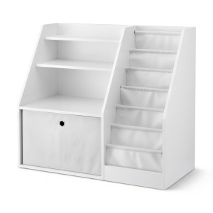 Keezi Kids Bookshelf & Storage Organiser, White – 3-in-1 Design with Sling Pouches, Shelves & Drawer, 91x39.5x80cm