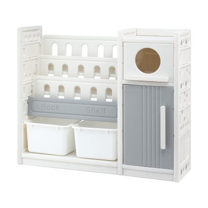 Keezi Kids Bookshelf &amp; Toy Storage Unit - 3-Tier Shelves, 2 Bins, 2 Cabinets, HDPE, 115x31.5x97