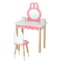 Keezi Kids Wooden Dressing Table Set with Bunny Ears, Pink, Detachable Mirror, Pinewood Legs, 120cm, Stool Included