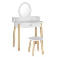 Keezi Kids Vanity Set: White MDF & Rubberwood Dressing Table with Mirror, Drawer, and Chair - Safe, Durable Design
