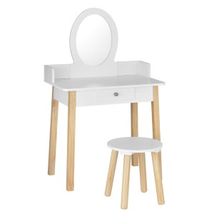 Keezi Kids Vanity Set: White MDF & Rubberwood Dressing Table with Mirror, Drawer, and Chair - Safe, Durable Design