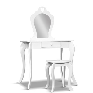 Keezi Kids White Vanity Set: Princess Dressing Table & Stool, Heart Motif, Faux Mirror, MDF, 20kg Capacity, Safe Design
