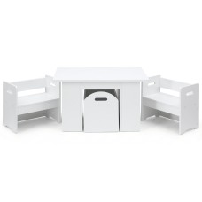 Keezi 3PCS Kids Table & Chairs Set with Storage Box, Eco-Friendly MDF, Kid-Safe Design, White 75x48x43cm, Easy Assembly