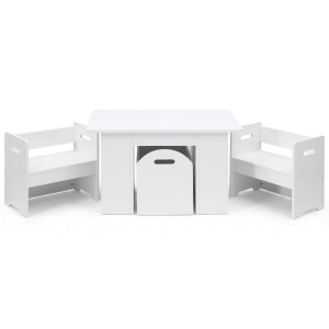 Keezi 3PCS Kids Table & Chairs Set with Storage Box, Eco-Friendly MDF, Kid-Safe Design, White 75x48x43cm, Easy Assembly
