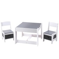 Keezi Kids Table & Chairs Set - Grey, MDF & Non-Toxic Material, Chalkboard Desk, Hidden Storage, Ages 3+, Easy Assembly