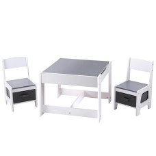 Keezi Kids Table & Chairs Set - Grey, MDF & Non-Toxic Material, Chalkboard Desk, Hidden Storage, Ages 3+, Easy Assembly